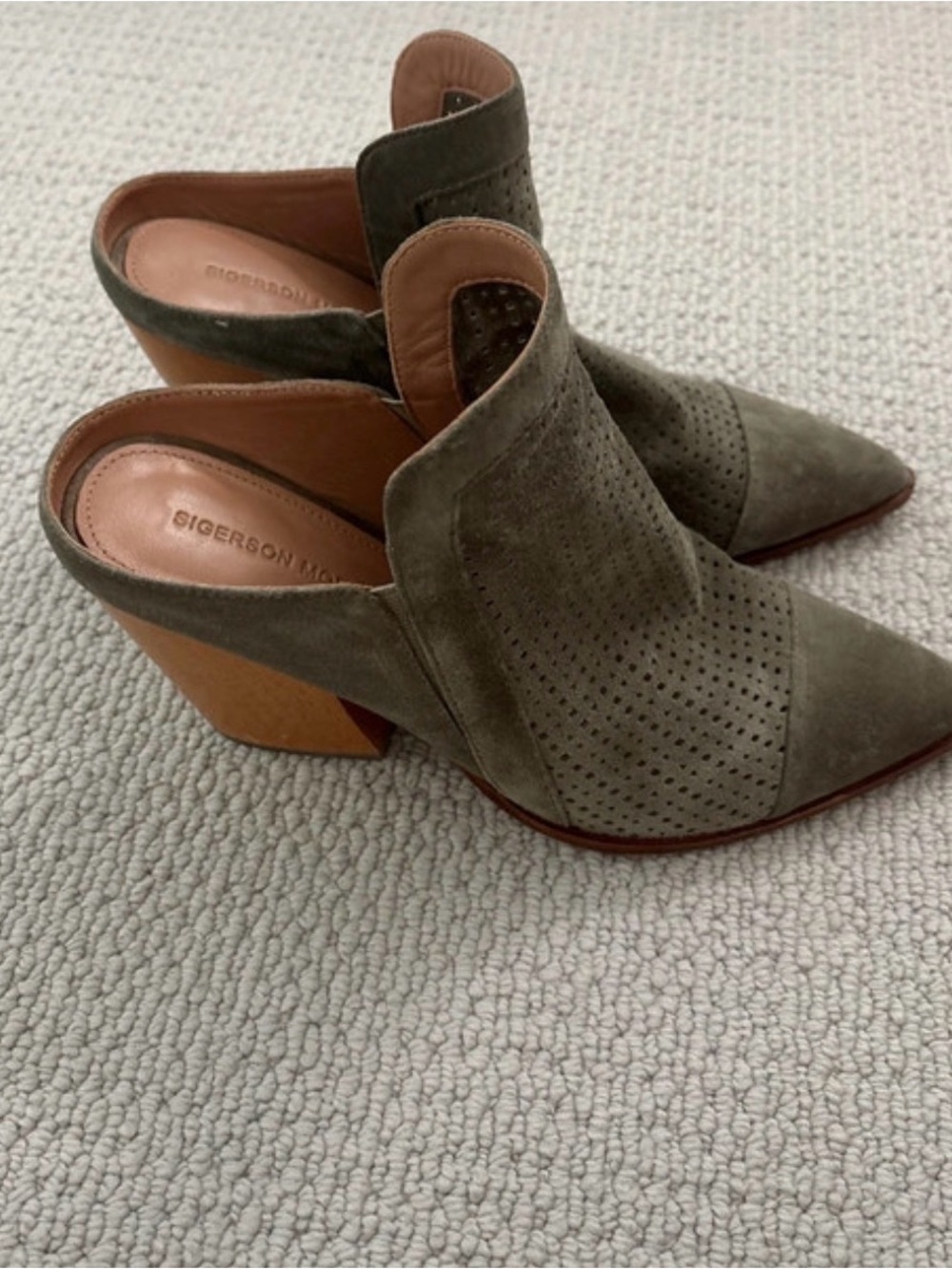 Sigerson Morrison Olive Suede Perforated Mule Heels